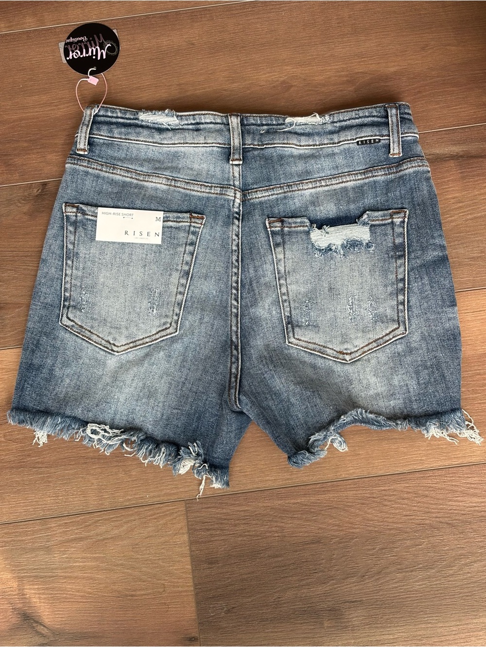 Mirror Boutique Women's Frayed Hem Denim Shorts in Medium Blue - Picture 2 of 3